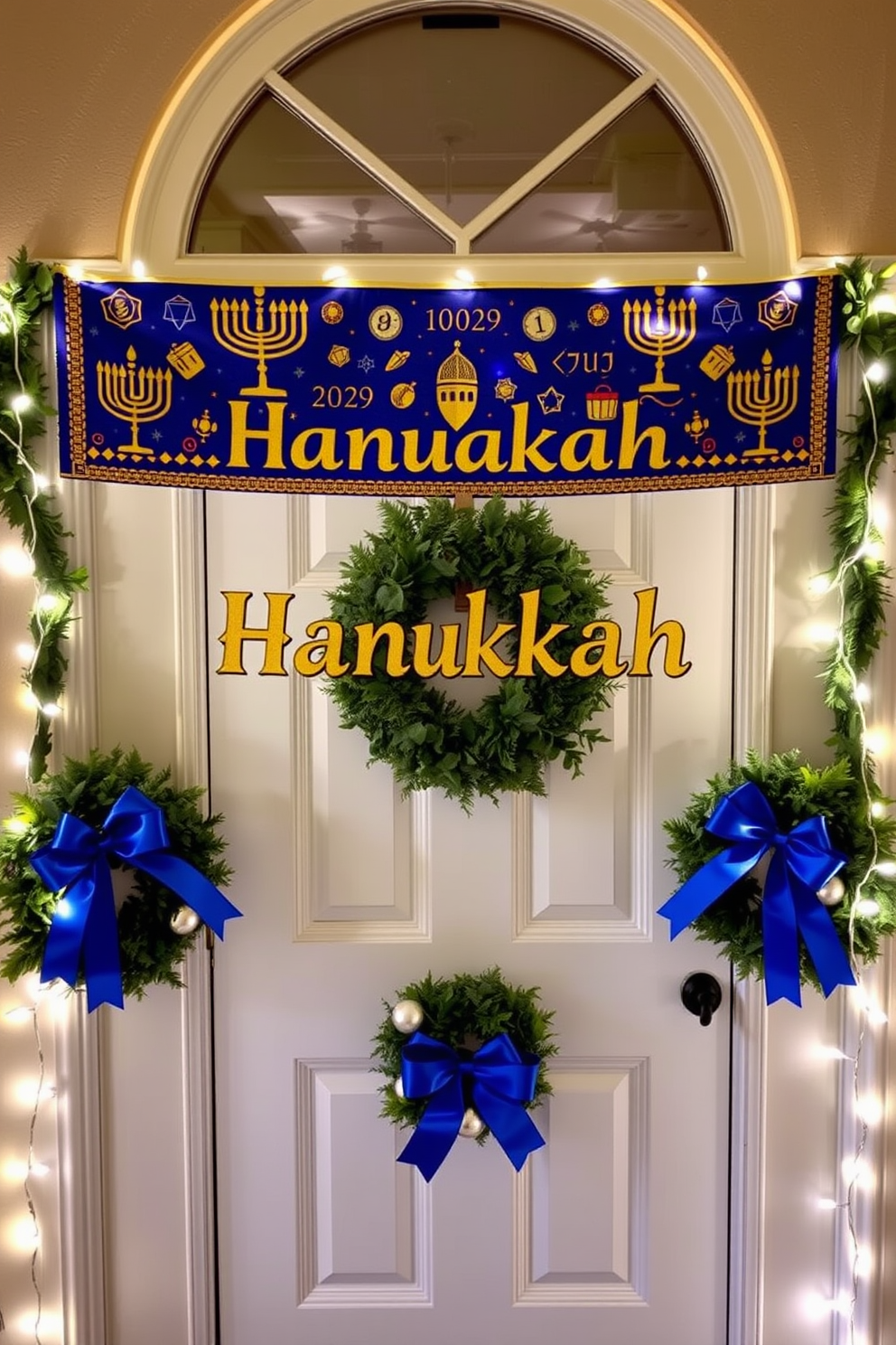 A vibrant Hanukkah fabric banner hangs across the front door, adorned with festive motifs such as menorahs and dreidels. The banner features a rich blue background with gold and silver accents, creating a warm and inviting entrance for holiday celebrations. Incorporated into the front door decor are decorative wreaths made of greenery and blue ribbons, enhancing the festive spirit. Soft white lights wrap around the door frame, illuminating the banner and adding a cozy glow to the festive atmosphere.