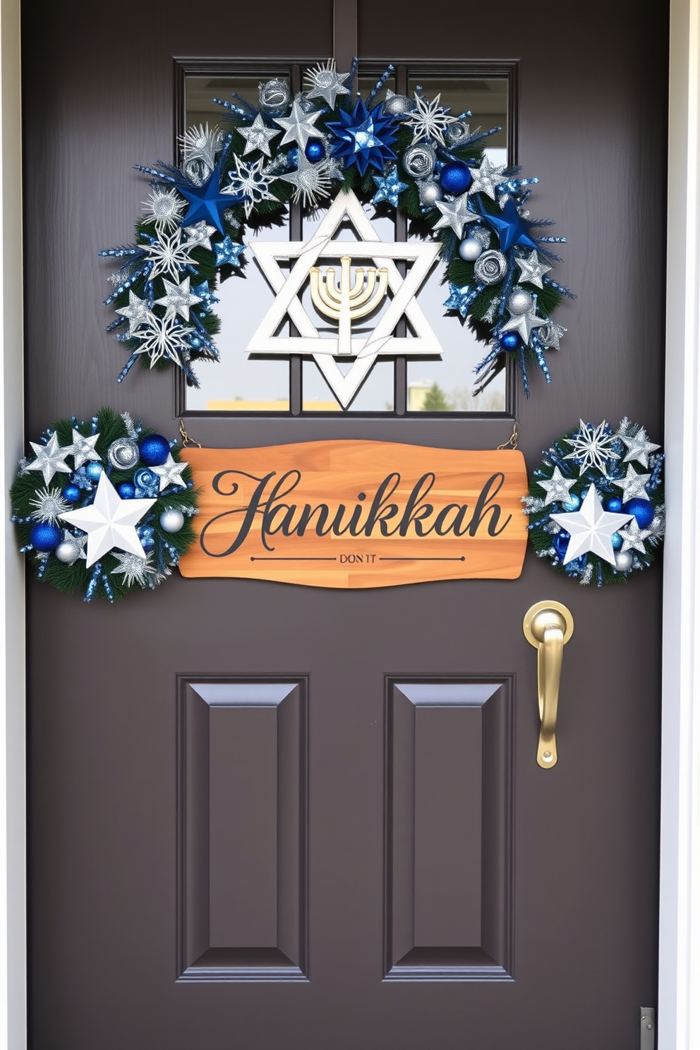 Custom door sign with family name. The sign is elegantly crafted from wood with a modern font, featuring the family name in a prominent position. Front Door Hanukkah Decorating Ideas. Adorn the entrance with blue and silver wreaths, and hang decorative stars and menorahs to create a warm festive welcome.