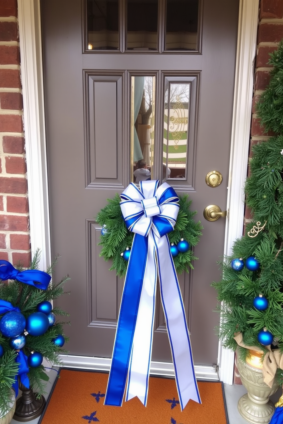 A charming front door adorned for Hanukkah features a beautiful blue and white ribbon elegantly tied in a bow. Surrounding the door are festive decorations, including a wreath made of greenery and blue ornaments, creating a warm and inviting holiday atmosphere.