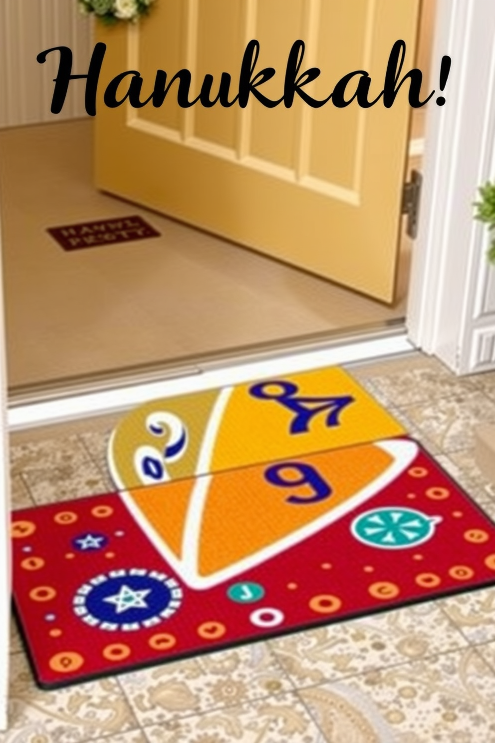 A colorful dreidel door mat welcomes guests at the entryway. The mat features vibrant colors and playful designs, creating a festive atmosphere for Hanukkah celebrations.