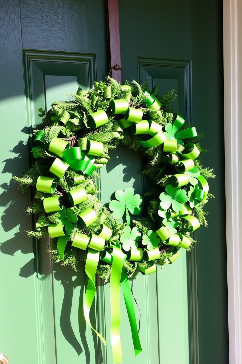 A charming front door adorned with a shamrock wreath featuring lush green ribbons. The wreath is vibrant and festive, perfectly capturing the spirit of St. Patrick's Day with its intricate design and cheerful colors.