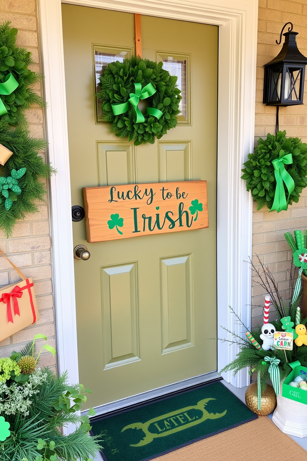 A charming front door adorned with a wooden sign that reads Lucky to be Irish welcomes guests. Surrounding the door, vibrant green wreaths and festive St. Patrick's Day decorations create a cheerful atmosphere.