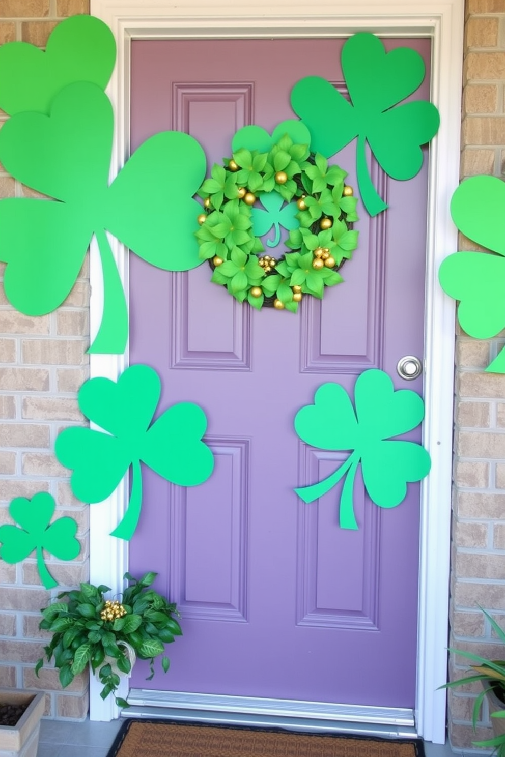 Giant shamrock cutouts adorn the front door creating a festive welcome for St. Patrick's Day. The vibrant green cutouts are crafted from sturdy paper and are complemented by a cheerful wreath made of faux leaves and gold accents.