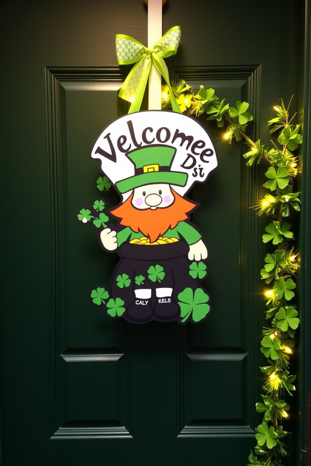 A festive St. Patrick's Day themed door hanger welcomes guests with vibrant green hues and playful shamrock designs. The door hanger features a cheerful leprechaun and a pot of gold, adding a touch of whimsy to your front entrance. For St. Patrick's Day decorating ideas, consider adorning your front door with garlands of green and gold. Incorporate elements like clovers and twinkling lights to create a warm and inviting atmosphere.