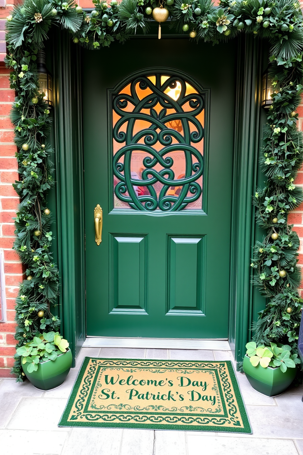 A beautifully crafted front door adorned with intricate Celtic knot designs creates a warm and inviting entrance. The door is painted in a rich emerald green, perfectly complementing the festive St. Patrick's Day decorations surrounding it. Delicate garlands of shamrocks and gold accents frame the door, enhancing the overall aesthetic. A charming welcome mat with a playful St. Patrick's Day message sits at the threshold, inviting guests to step inside.