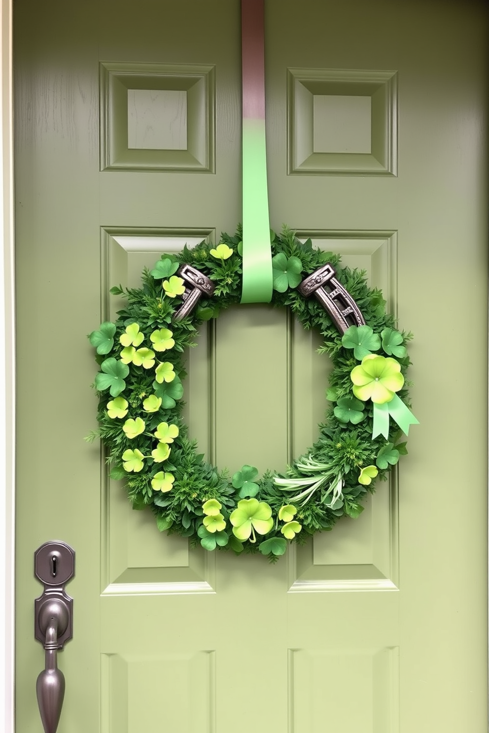 A charming front door adorned with a horseshoe wreath symbolizing good luck. The wreath is crafted from lush green foliage and accented with vibrant shamrocks, creating a festive St. Patrick's Day welcome.