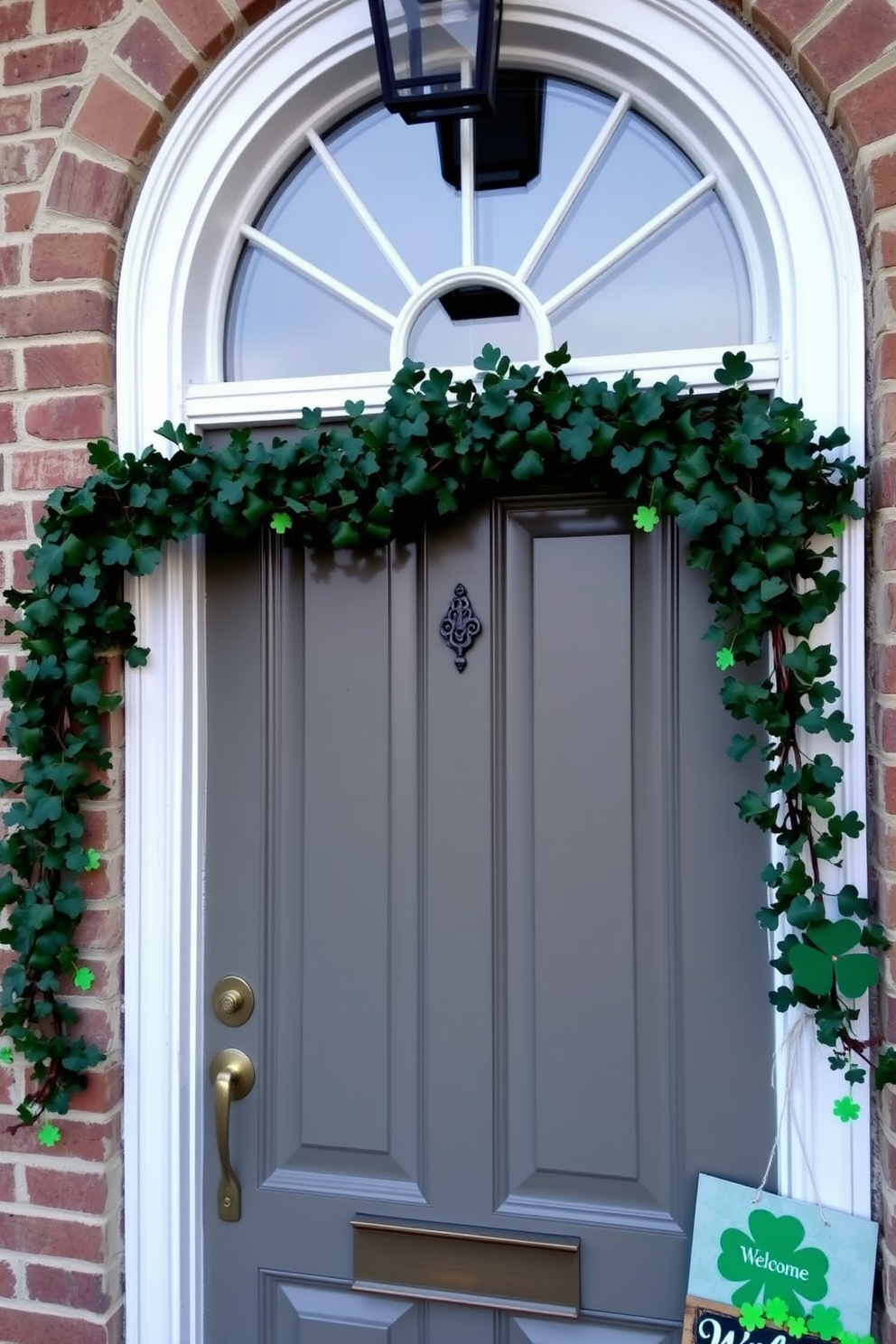 A charming front door adorned with a faux ivy garland that gracefully wraps around the frame. The garland is complemented by festive St. Patrick's Day decorations, including small green shamrocks and a welcoming sign.