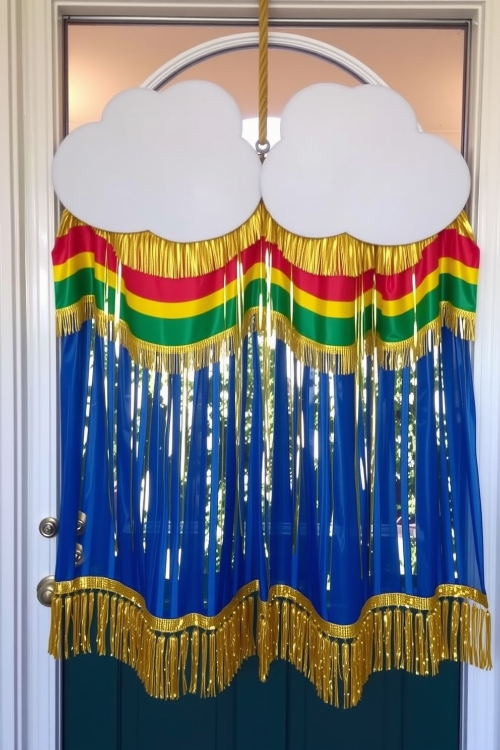 A vibrant rainbow door curtain with shimmering gold fringe hangs elegantly at the front door. The cheerful colors and festive design create an inviting atmosphere perfect for St. Patrick's Day celebrations.