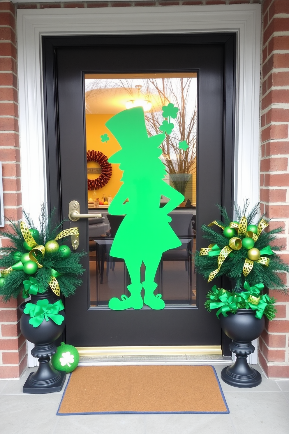 A leprechaun silhouette is elegantly displayed on a glass front door, creating a festive and whimsical entrance. The silhouette is complemented by vibrant green and gold St. Patrick's Day decorations adorning the surrounding area.