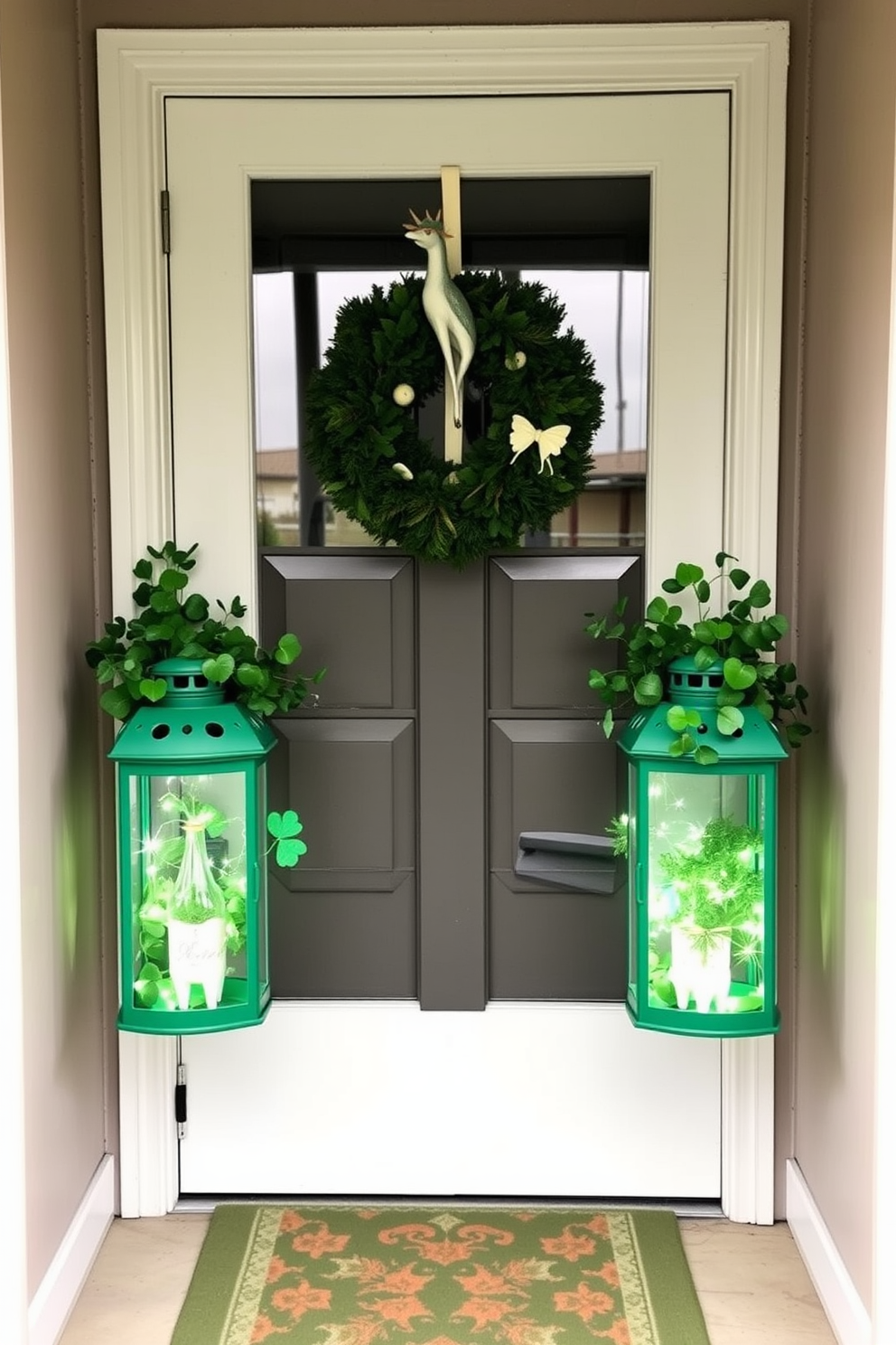 A charming front door adorned with green lanterns on either side creates a festive atmosphere for St. Patrick's Day. The lanterns are filled with lush greenery and twinkling fairy lights, welcoming guests with a touch of whimsy.