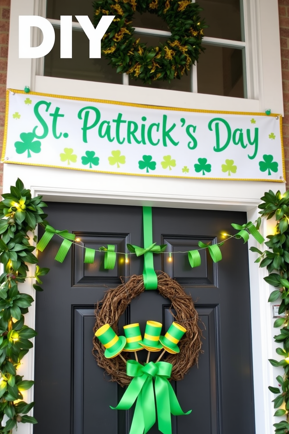 A festive DIY St Patrick's Day banner stretches across the top of the front door, adorned with vibrant green and gold colors. The banner features shamrocks and cheerful lettering, welcoming guests with a touch of holiday spirit. Surrounding the door, decorative elements include garlands of green leaves and twinkling fairy lights. A whimsical wreath made of green ribbons and small leprechaun hats adds to the cheerful St Patricks Day decorating theme.