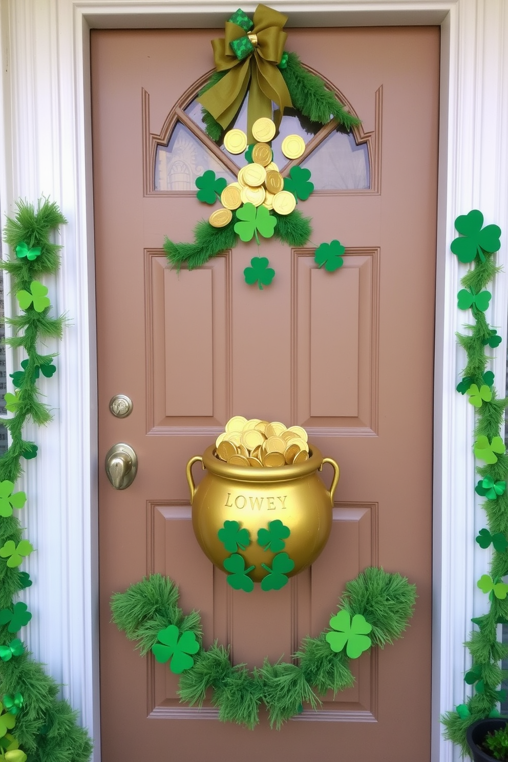 A charming front door adorned for St. Patrick's Day features a gold pot filled with faux coins, symbolizing luck and prosperity. Surrounding the door are vibrant green garlands and cheerful shamrock decorations, creating a festive and welcoming atmosphere.