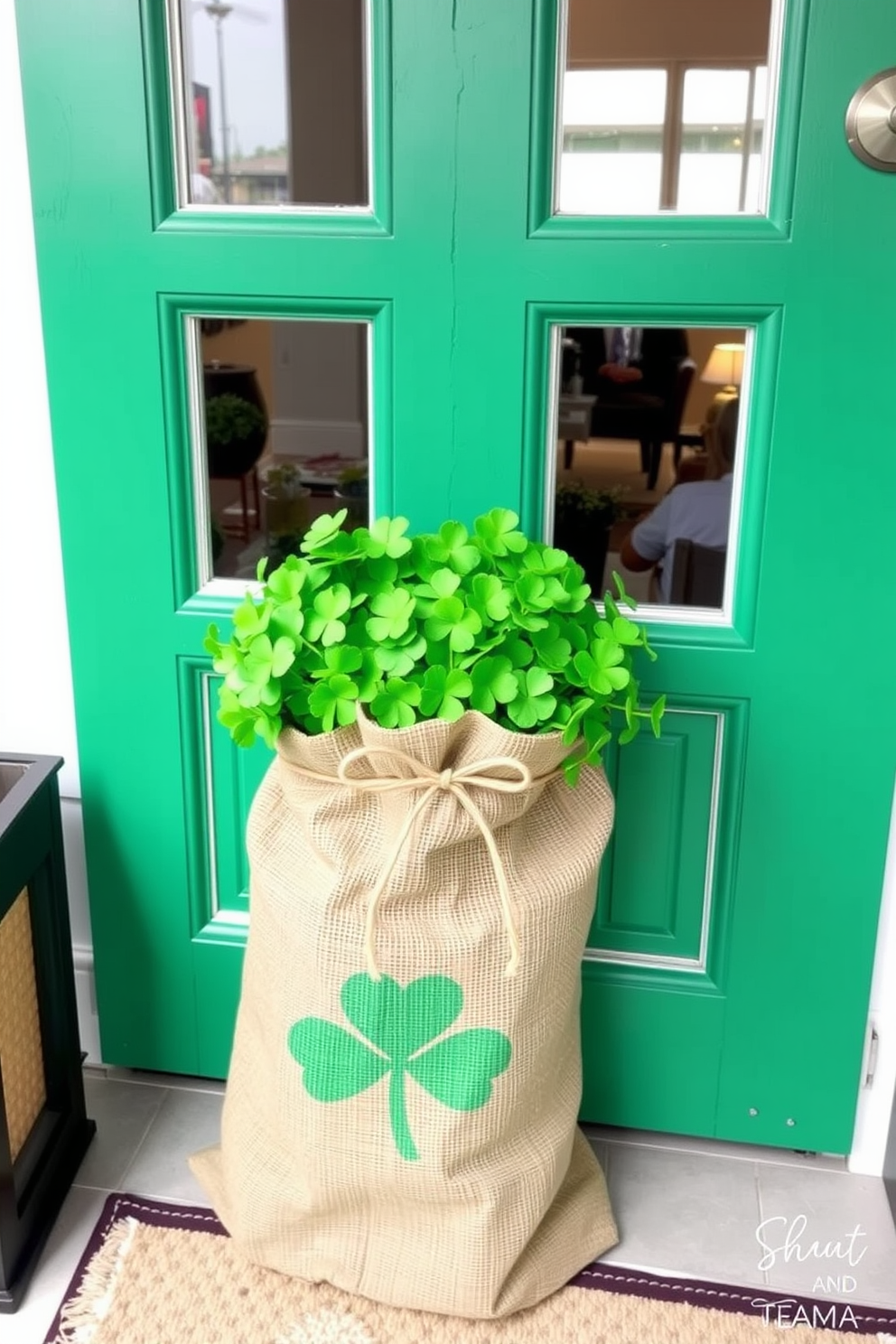 A burlap sack filled with vibrant green shamrocks is positioned at the entrance of a charming front door. The sack is adorned with a simple twine bow, adding a rustic touch to the festive St. Patrick's Day decor.