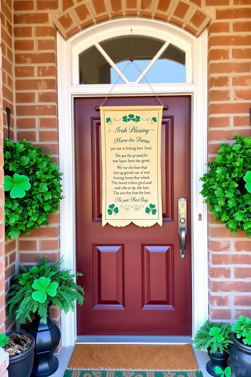 A charming front door adorned with a hanging Irish blessing scroll that adds a touch of warmth and tradition. Surrounding the door are vibrant green wreaths and festive shamrock accents to celebrate St. Patrick's Day.