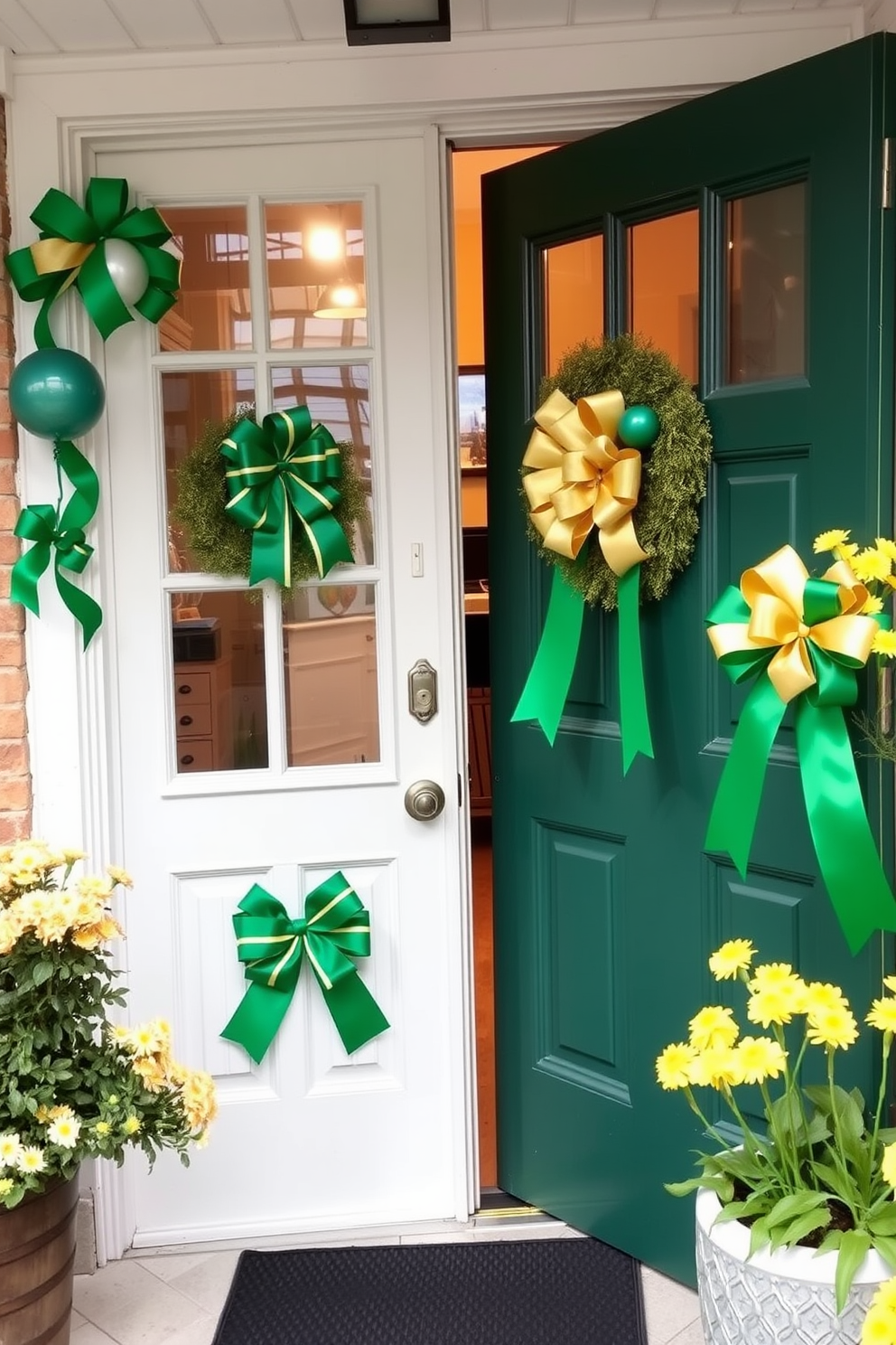 A charming front door adorned with festive green and gold bows welcomes guests on St. Patrick's Day. The vibrant decorations create a cheerful atmosphere, perfectly complementing the springtime blooming flowers nearby.