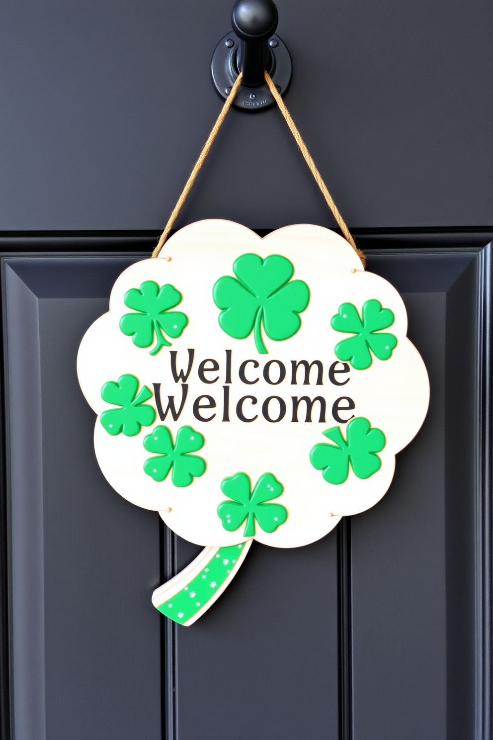 A charming wooden shamrock door plaque hangs on the front door welcoming guests with a festive touch. The plaque features intricate carvings of shamrocks and is painted in vibrant green, perfect for St. Patrick's Day decorating ideas.