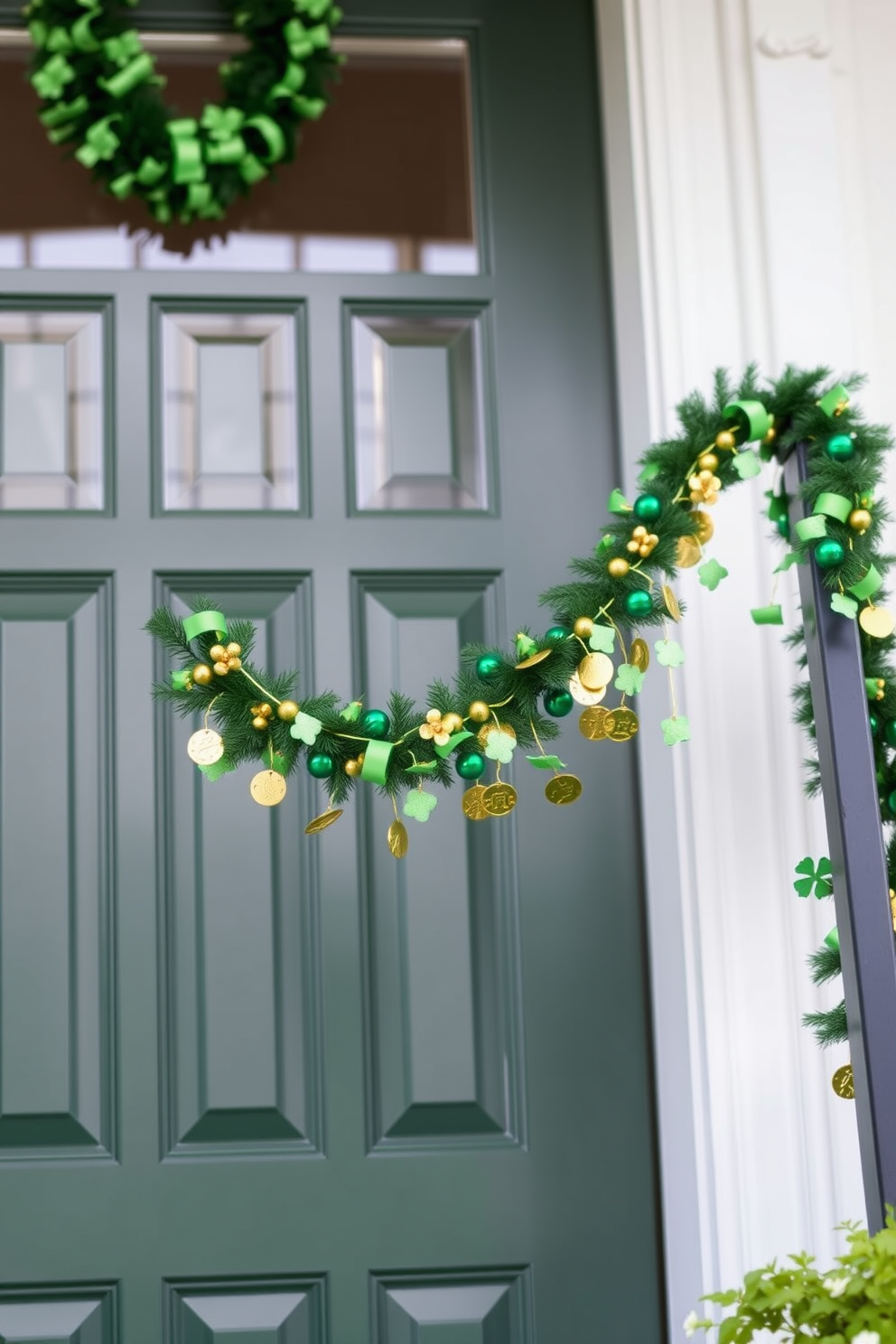 A festive front door adorned with a lucky charm garland that features vibrant green and gold accents. The garland is elegantly draped across the top of the door, creating a welcoming atmosphere for St. Patrick's Day celebrations.