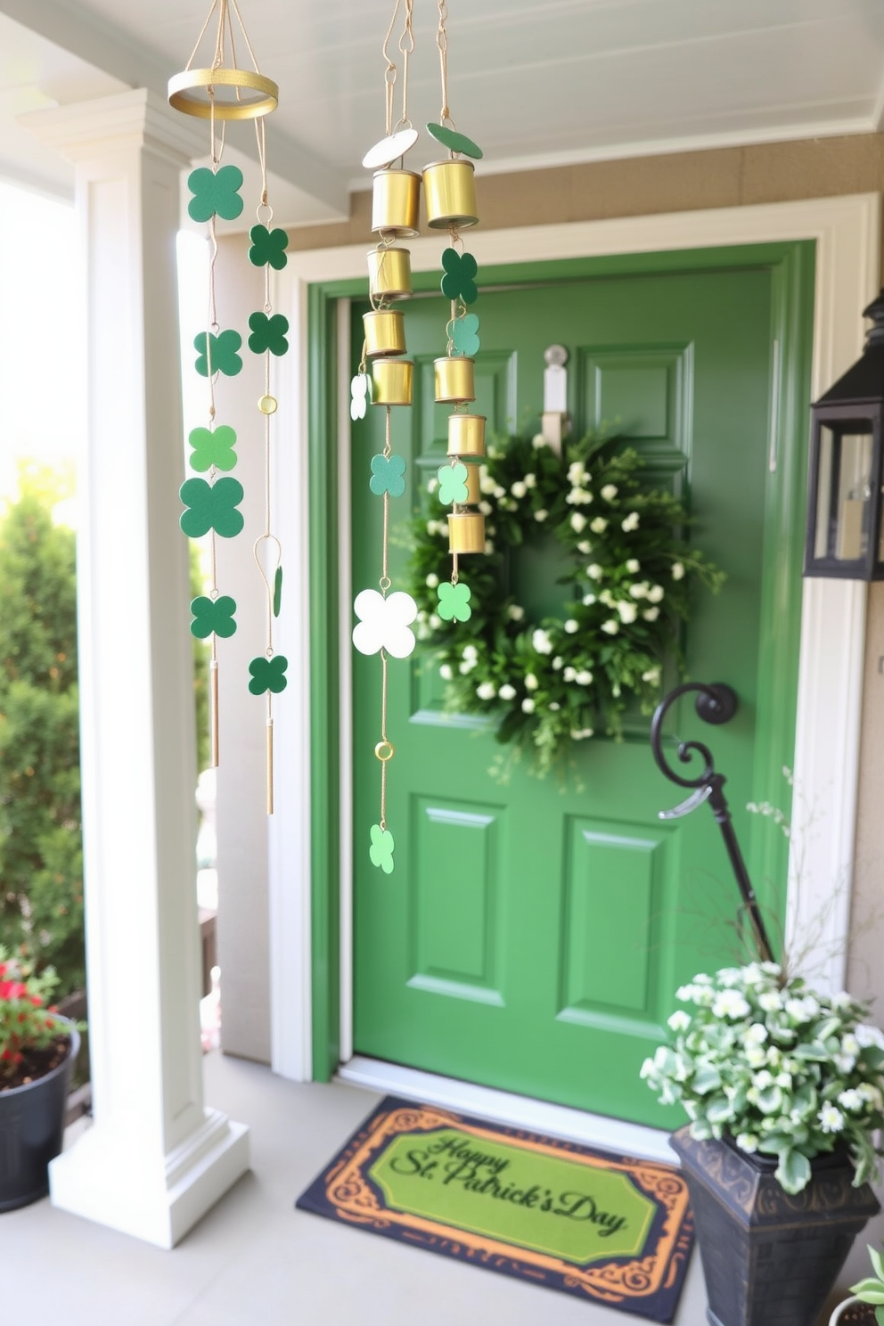 A charming front porch adorned with St. Patrick's Day themed wind chimes swaying gently in the breeze. The wind chimes feature a mix of green shamrocks and golden bells, creating a festive atmosphere that welcomes guests. The front door is painted a vibrant green, accented with a wreath made of fresh greenery and small white flowers. A cheerful doormat with a playful St. Patrick's Day greeting invites visitors to step inside and enjoy the holiday spirit.