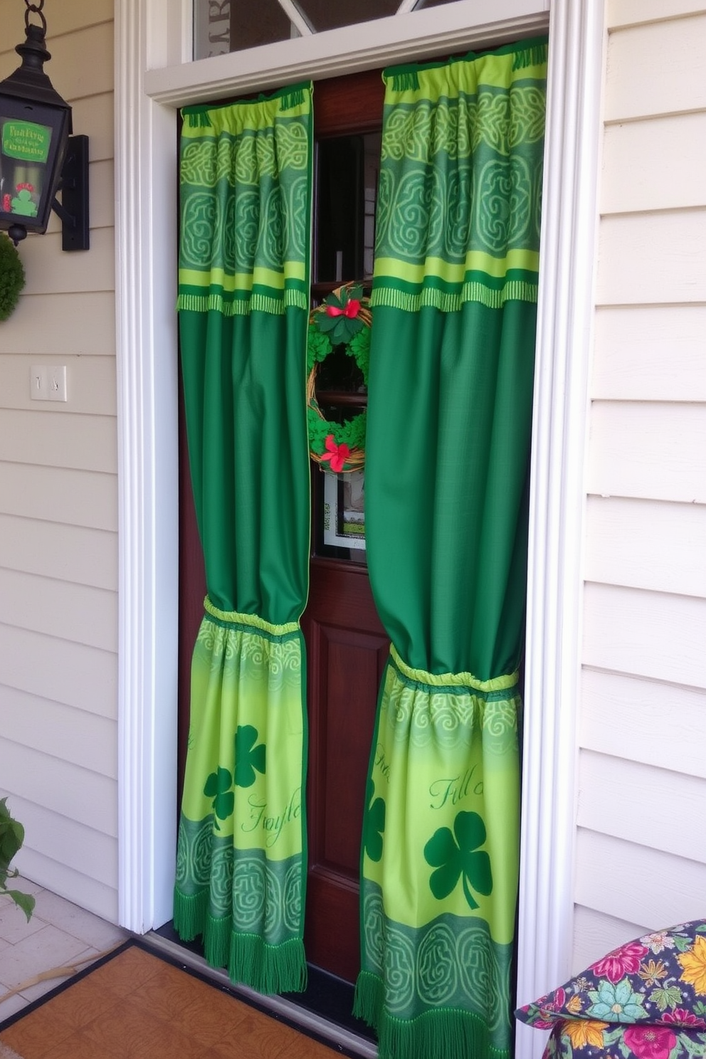 Decorative Irish themed door curtains hang gracefully at the front door, featuring vibrant shades of green and intricate Celtic patterns. These curtains add a festive touch for St. Patrick's Day, inviting warmth and charm into the entryway.