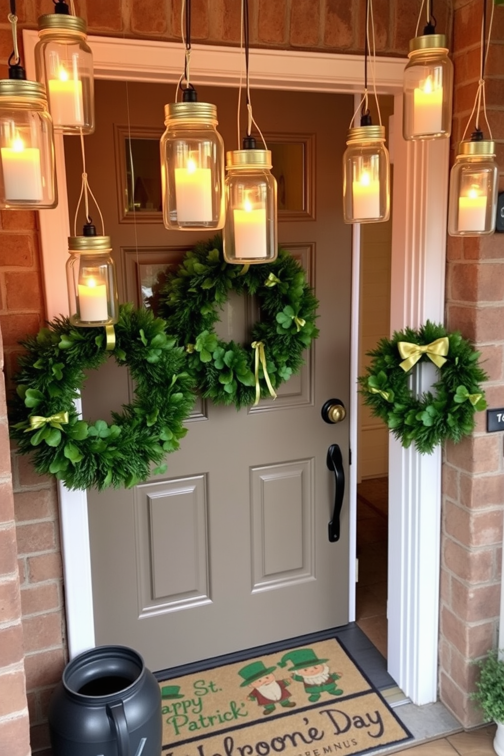 A charming front door adorned with hanging glass jar lanterns filled with flickering candles creates a warm and inviting atmosphere. The lanterns sway gently in the breeze, casting soft shadows on the entrance. For St. Patrick's Day, the door is decorated with vibrant green wreaths adorned with shamrocks and gold accents. A festive welcome mat featuring cheerful leprechauns adds a playful touch to the overall decor.