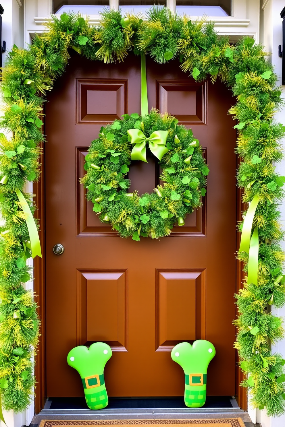 Whimsical leprechaun feet peek out from beneath a charming front door adorned with a festive St. Patrick's Day wreath. Bright green and gold decorations frame the entrance, creating a playful and inviting atmosphere for holiday celebrations.