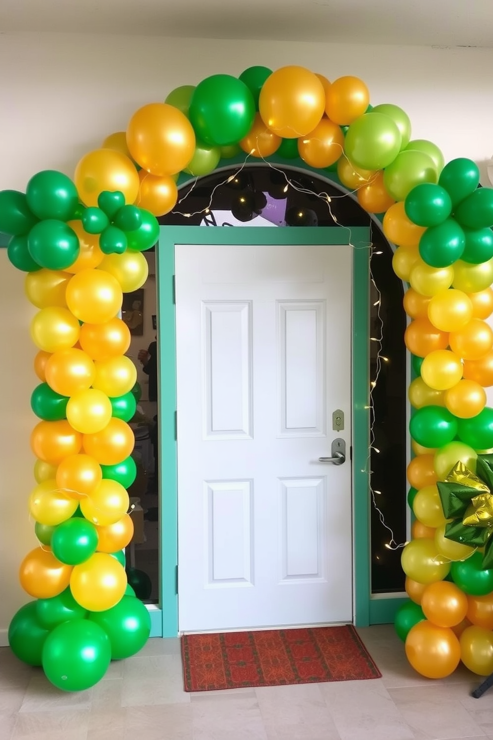 A whimsical doorway arch made of vibrant green and gold balloons welcomes guests for a festive St. Patrick's Day celebration. The arch is adorned with shamrock accents and twinkling fairy lights, creating a cheerful entrance that sets the tone for the festivities.