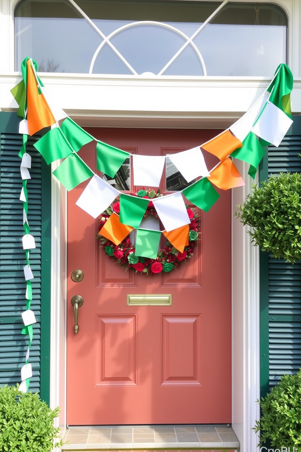 A festive front door adorned with Irish flag bunting gracefully drapes across the entrance. The vibrant green, white, and orange colors create a cheerful atmosphere, perfect for St. Patrick's Day celebrations.