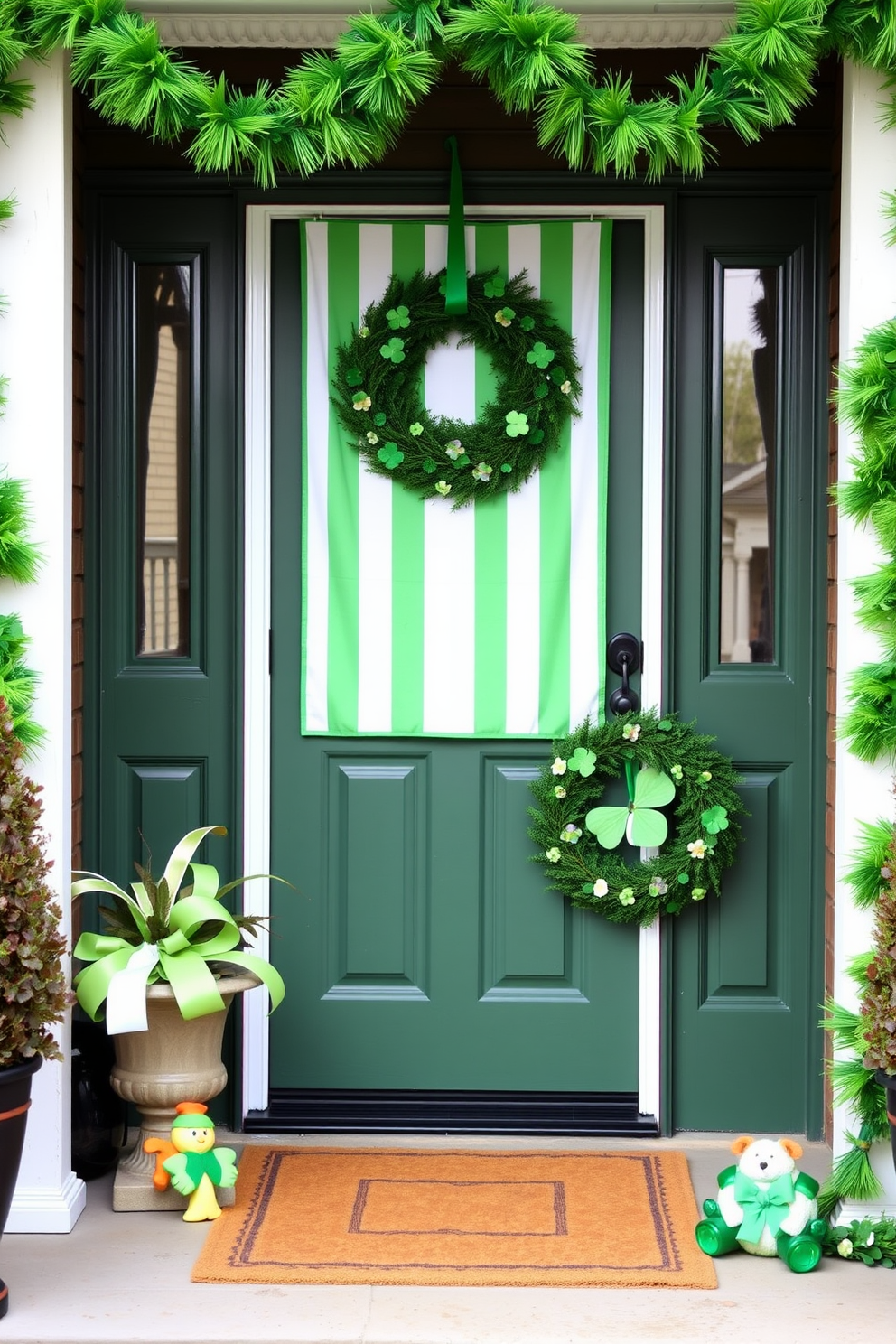 A charming front door adorned with a green and white striped door cover, perfectly capturing the spirit of St. Patrick's Day. Surrounding the door, festive decorations such as shamrock wreaths and cheerful green garlands enhance the welcoming atmosphere.