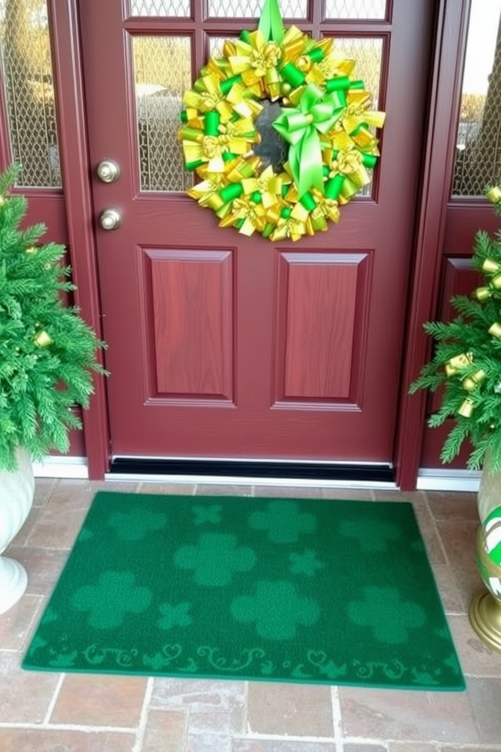 A welcoming front door adorned with a green door mat featuring intricate lucky clovers. The entrance is enhanced with festive St. Patrick's Day decorations, including a cheerful wreath made of green and gold accents.