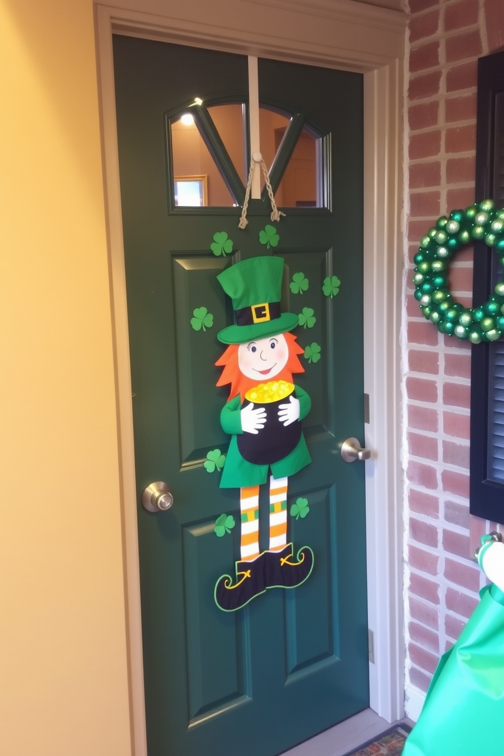 A charming front door adorned with a whimsical leprechaun door decoration. The vibrant green door features a playful leprechaun figure with a pot of gold, surrounded by cheerful shamrocks and festive accents for St. Patrick's Day.