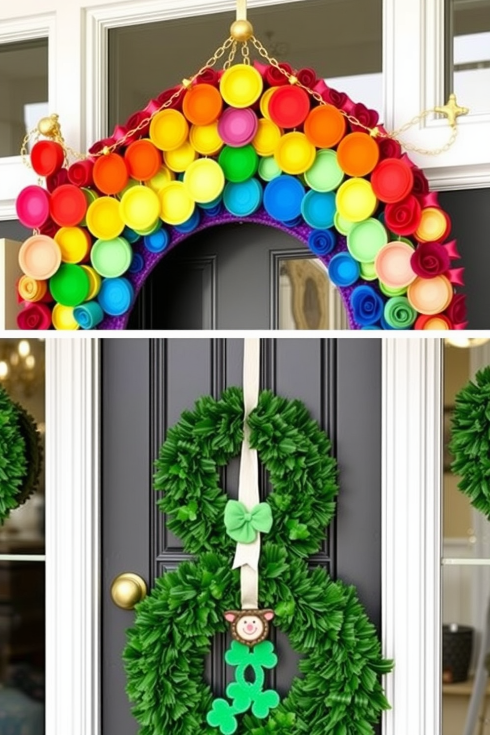 A vibrant DIY rainbow garland adorned with elegant gold accents hangs gracefully across the front door. The garland features an array of colorful felt circles, each meticulously crafted, creating a festive and inviting atmosphere. For St. Patrick's Day, the front door is decorated with lush green wreaths and sparkling gold details. Accents of shamrocks and playful leprechaun motifs enhance the cheerful spirit of the holiday, welcoming guests with charm and warmth.