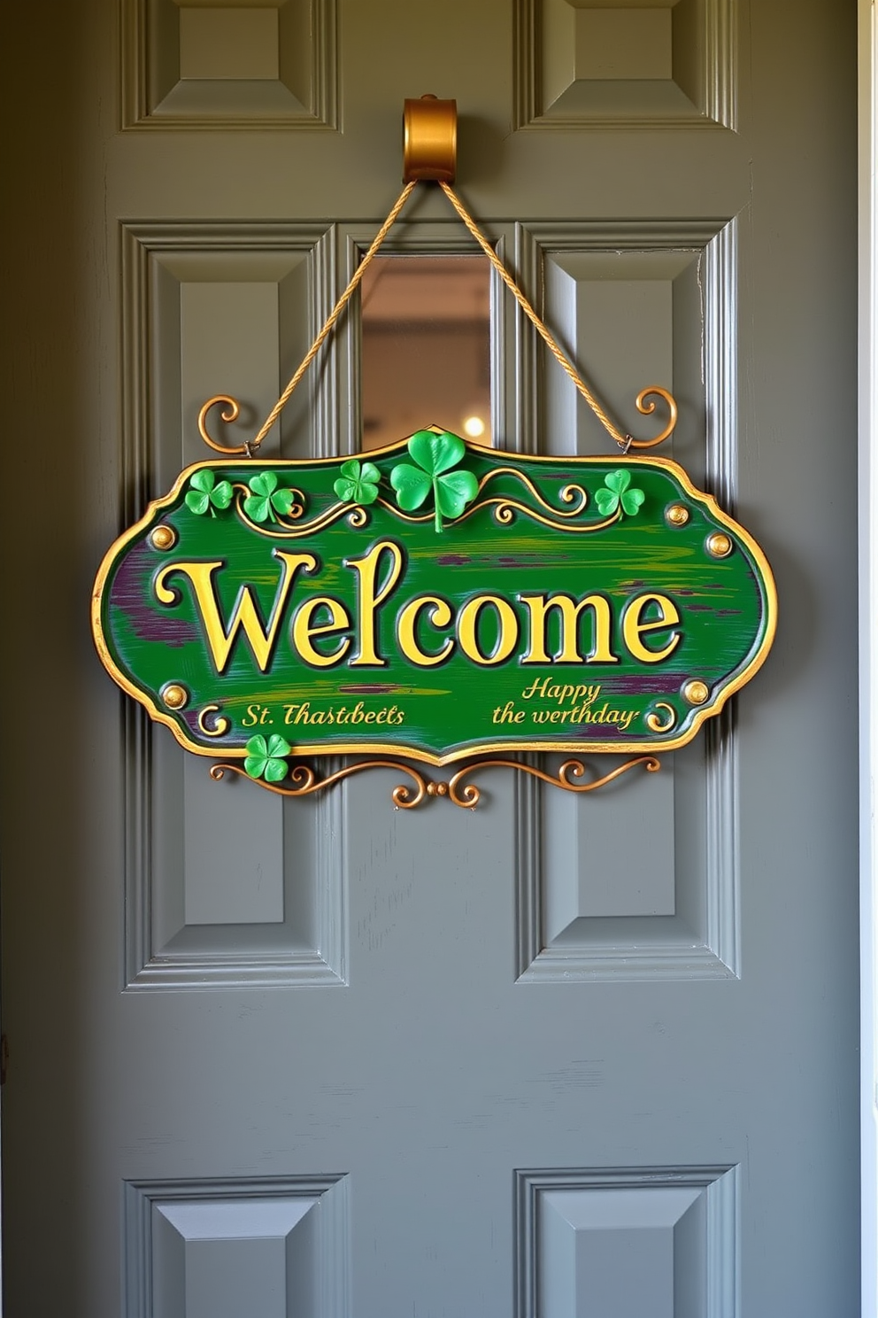 A charming front door adorned with a welcome sign featuring intricate shamrock embellishments. The sign is painted in vibrant green and gold, perfectly capturing the spirit of St. Patrick's Day.