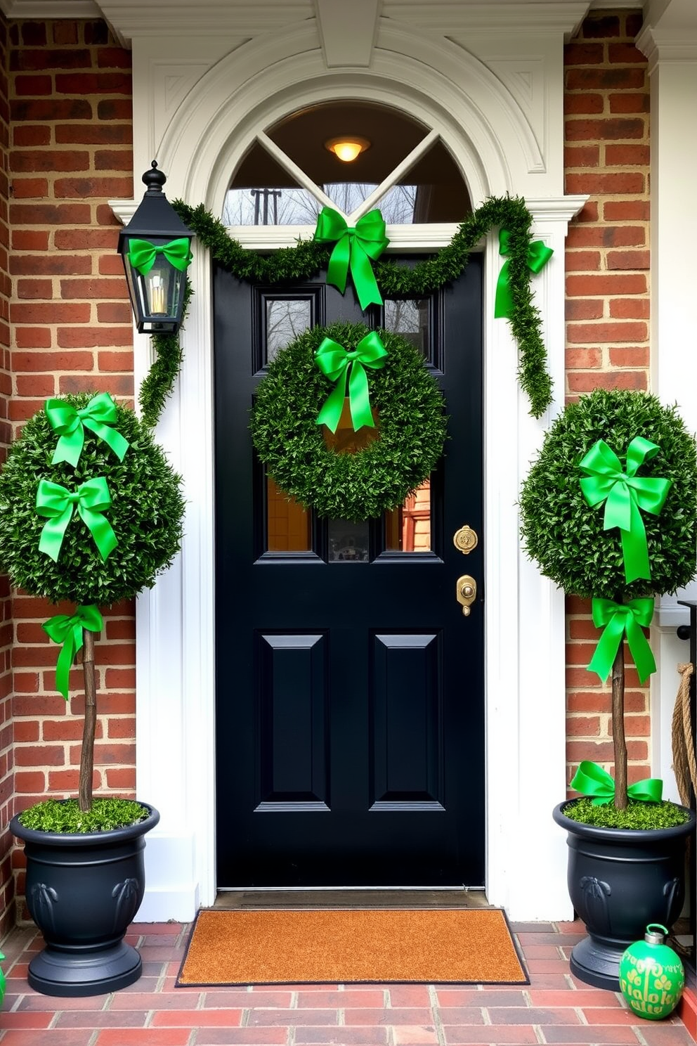 A charming front door adorned with topiary trees dressed in vibrant green bows. The entrance is inviting, setting a festive tone for St. Patrick's Day celebrations.