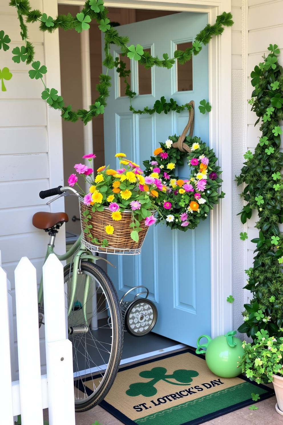 A vintage bicycle is leaning against a charming white picket fence. The flower basket on the front is overflowing with vibrant blooms in shades of pink, yellow, and purple. The front door is painted a cheerful pastel blue, adorned with a rustic wreath made of green leaves and colorful flowers. A welcome mat with a playful design sits at the entrance, inviting guests into the home. St. Patrick's Day decorations fill the entryway with festive spirit. Green garlands drape over the doorframe, and small shamrock accents are scattered throughout the space, creating a joyful atmosphere.