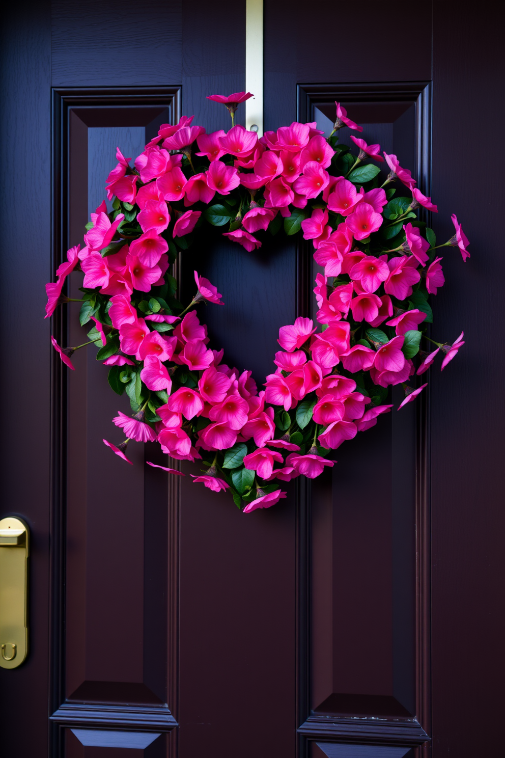 A heart-shaped wreath adorned with lush pink flowers hangs gracefully on the front door. The vibrant blooms create a warm and inviting atmosphere, perfect for celebrating Valentine's Day.