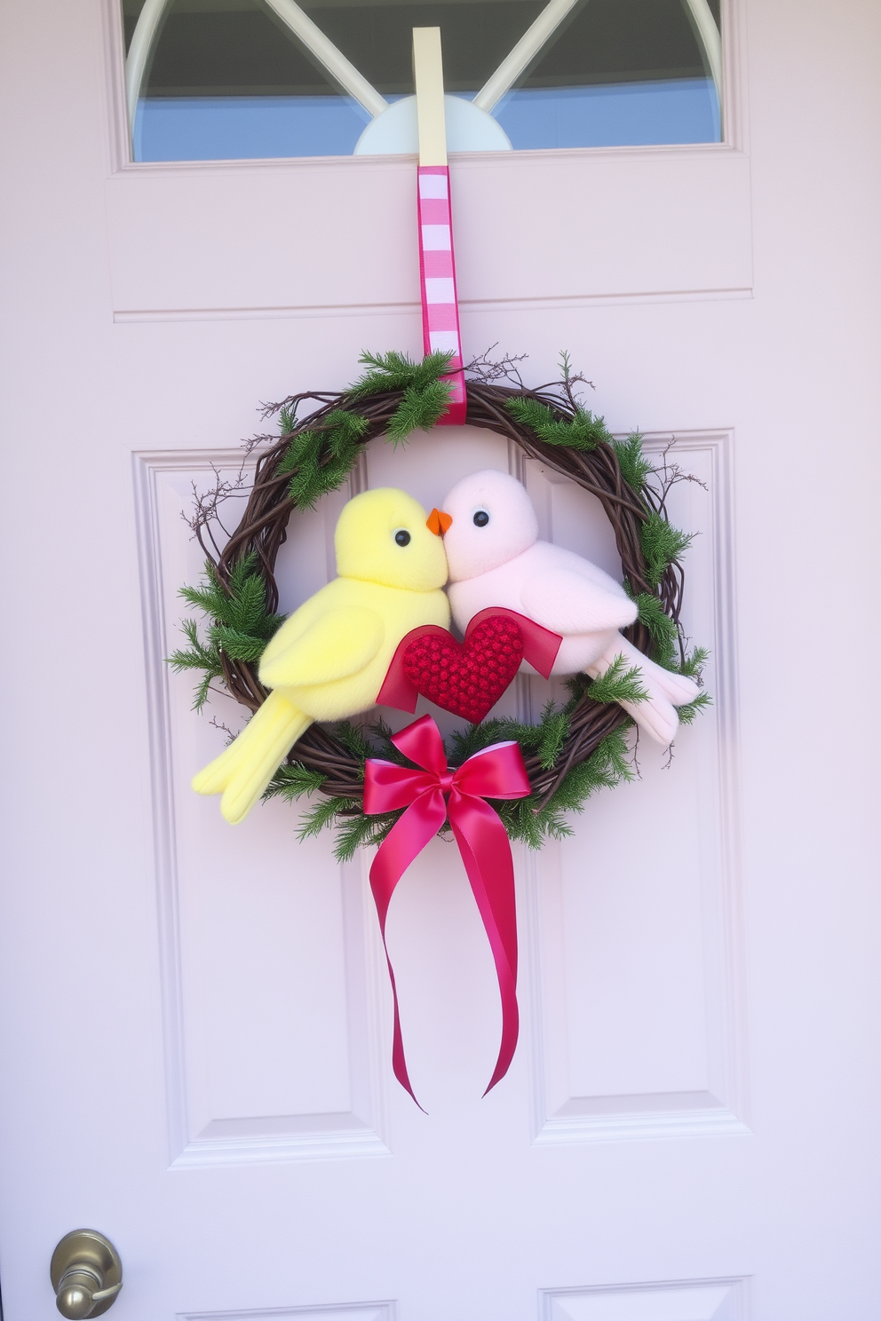 Adorable stuffed animal lovebirds are perched on a charming wreath adorned with red and pink ribbons. The front door is painted a soft pastel color, inviting guests to enjoy the festive Valentine's Day decorations.