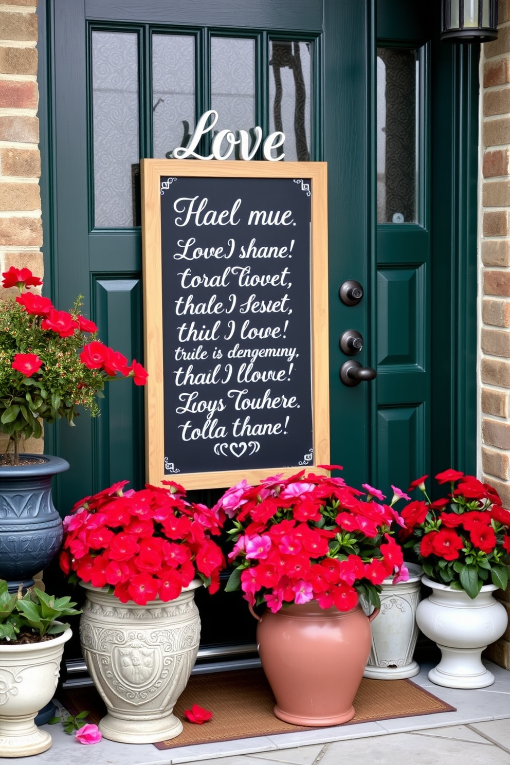 A charming front door adorned with a chalkboard sign displaying love quotes in elegant handwritten script. Surrounding the door, vibrant red and pink flowers are arranged in decorative pots, creating a warm and inviting atmosphere for Valentine's Day.