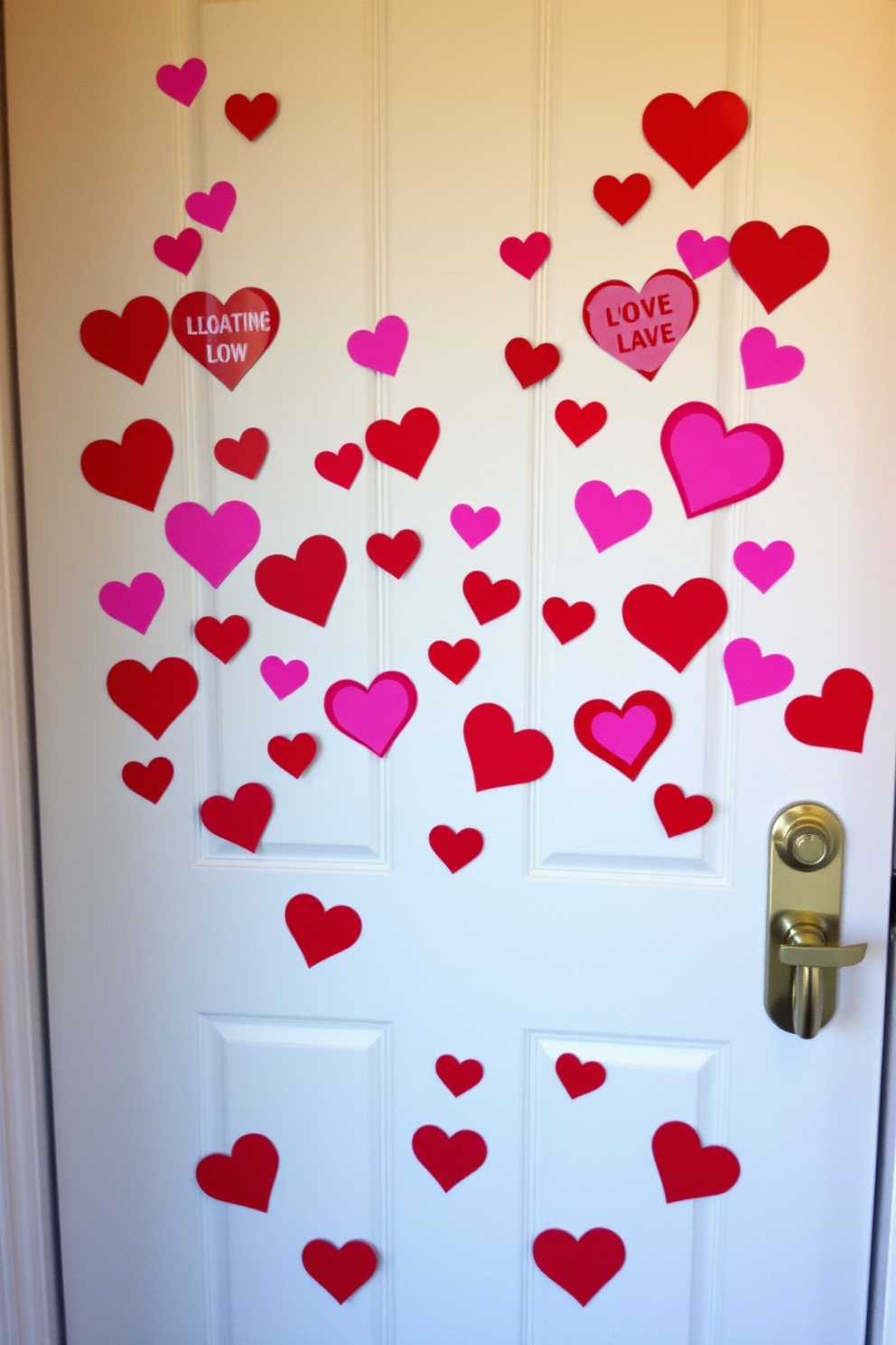 A charming front door adorned with whimsical heart-shaped stickers in various shades of red and pink. The stickers are playfully arranged to create a festive and inviting atmosphere for Valentine's Day.