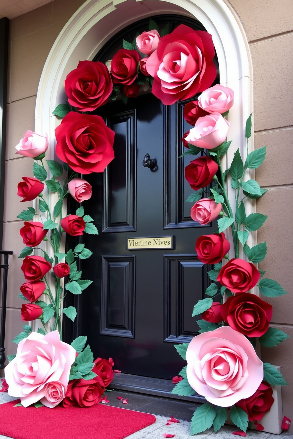 Giant paper roses in various shades of red and pink are artfully arranged around a grand front door, creating a stunning focal point for Valentine's Day. The roses are complemented by delicate green leaves, adding a touch of elegance and whimsy to the entrance.