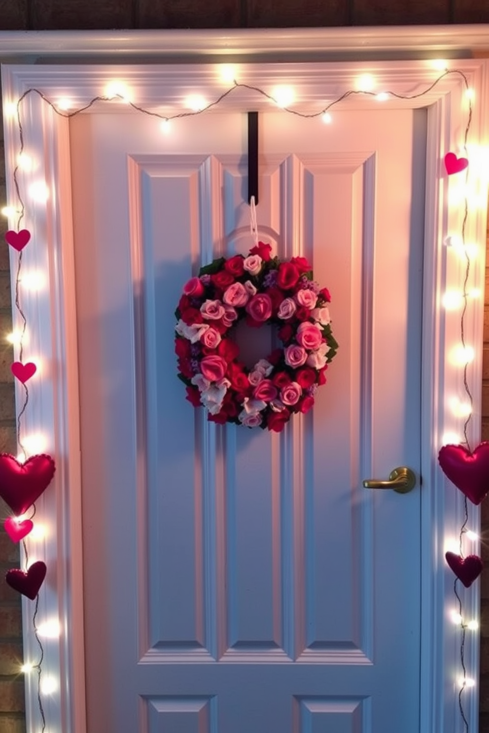 Twinkling fairy lights in heart shapes adorn the front door, creating a warm and inviting atmosphere. The lights are delicately draped around the door frame, illuminating the entrance with a soft, romantic glow. A festive wreath made of red and pink flowers is centered on the door, adding a charming touch to the Valentine's Day decor. Heart-shaped garlands hang from the door handle, completing the cheerful and loving ambiance.