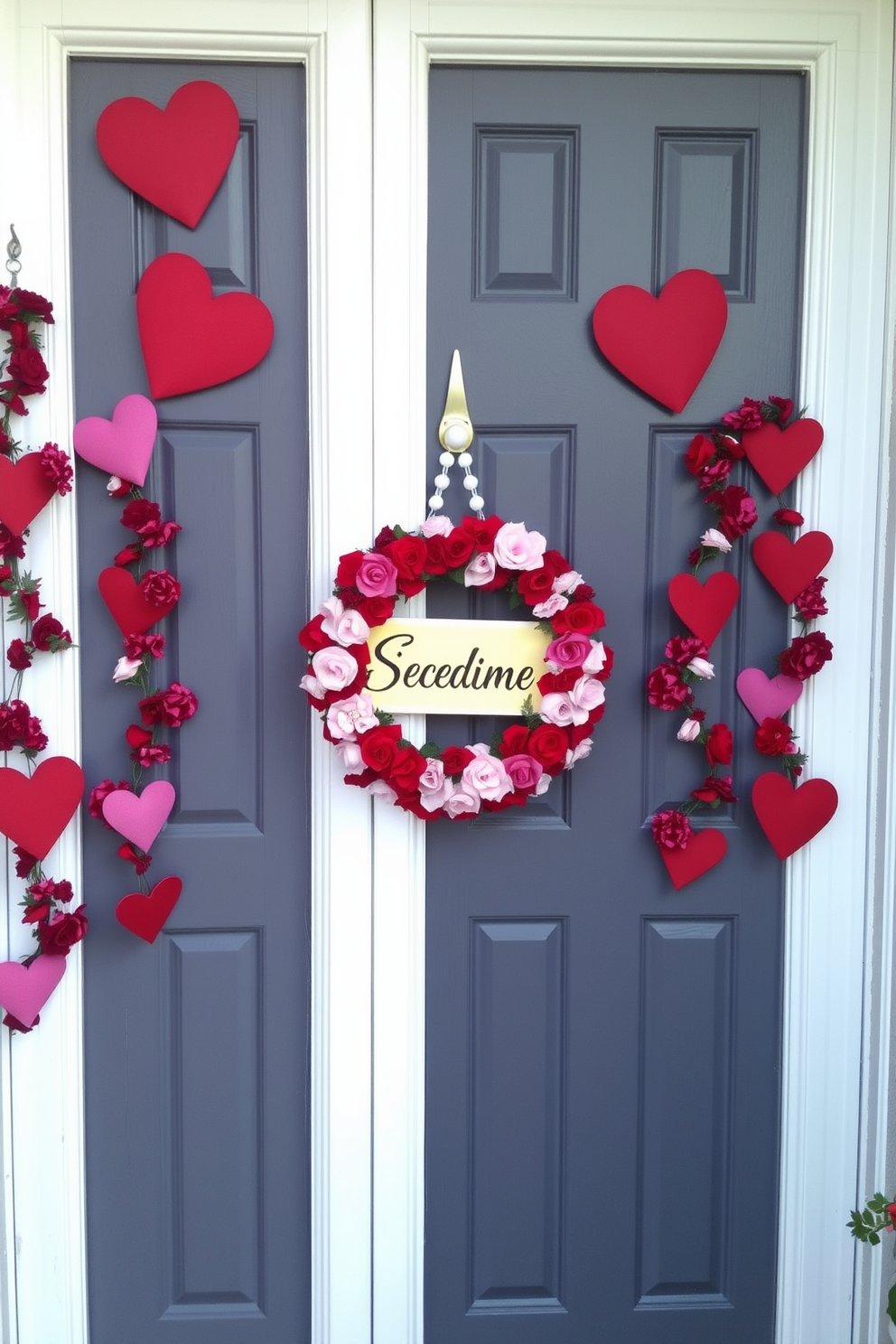 A charming front door adorned with a personalized name sign surrounded by decorative hearts. The entrance features a festive wreath made of red and pink flowers, complemented by heart-shaped garlands hanging on either side.