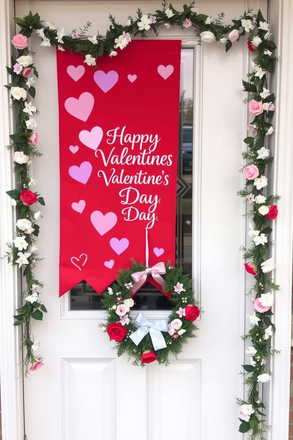 A charming Valentine's Day door banner welcomes guests with a heartwarming design. The banner features a playful combination of red and pink hues, adorned with whimsical hearts and elegant script that reads Happy Valentine's Day. Surrounding the door, delicate garlands of faux flowers and greenery enhance the festive atmosphere. A small wreath, embellished with love-themed accents, hangs prominently to create a warm and inviting entryway.