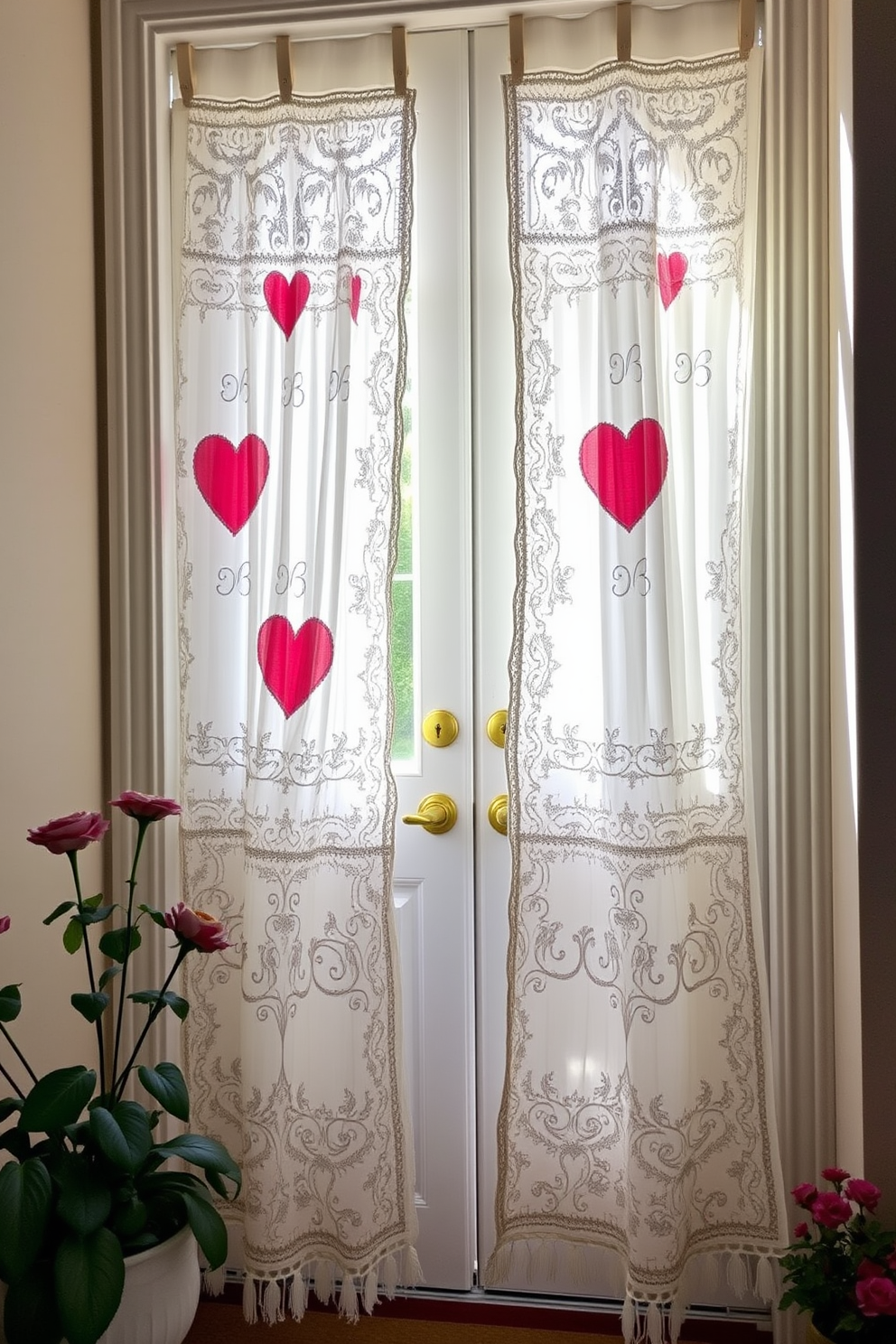 A charming front door adorned with vintage lace curtains featuring heart motifs. The curtains gently filter sunlight, creating a warm and inviting atmosphere for Valentine's Day.