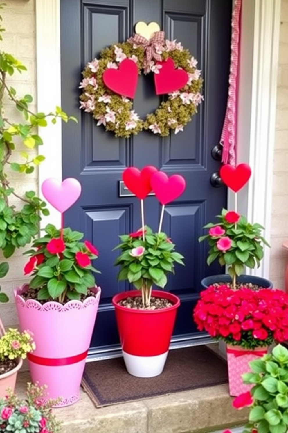 A charming front door adorned with potted plants featuring heart-shaped stakes. The vibrant greenery is complemented by decorative elements in shades of pink and red, creating a warm and inviting atmosphere for Valentine's Day.