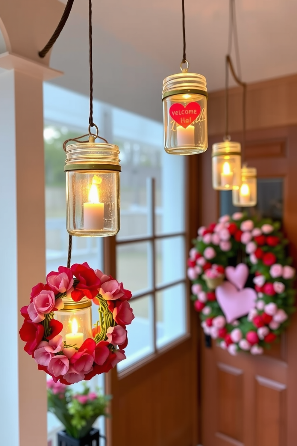 Hanging mason jar lanterns are adorned with flickering candles, creating a warm and inviting glow. These charming lanterns are suspended from the porch ceiling, adding a rustic touch to the front door area. For Valentine's Day, the front door is decorated with a wreath made of red and pink flowers, interspersed with hearts. A welcome mat with a romantic message complements the festive decor, inviting guests to celebrate the occasion.