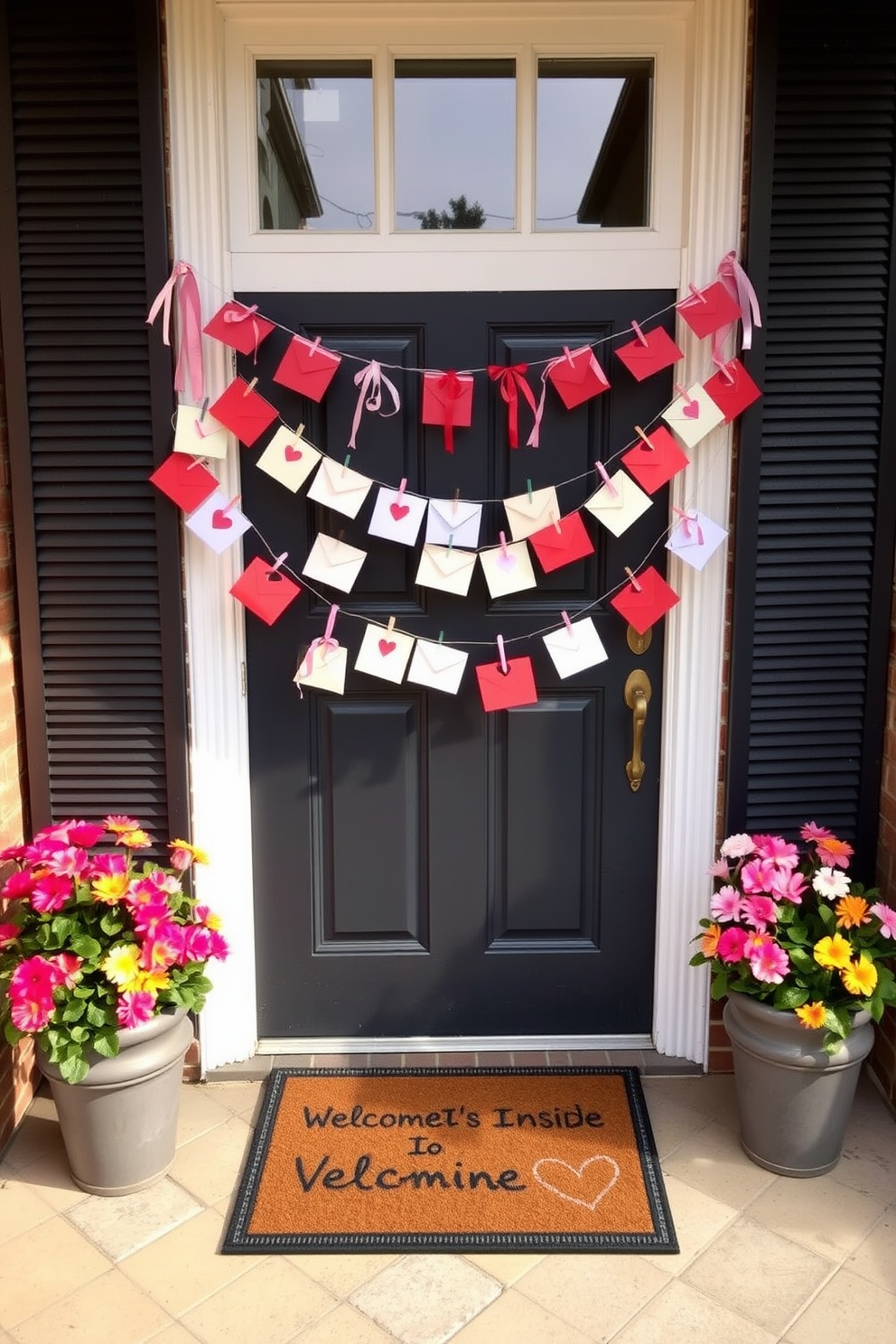 A charming front door adorned with a hanging love letter garland creates a warm and inviting atmosphere for Valentine's Day. The garland features an array of colorful envelopes strung together, each embellished with heart motifs and delicate ribbons. Flanking the door, potted plants with vibrant blooms add a touch of freshness and cheer. A welcome mat with a sweet message completes the look, inviting guests to step inside and celebrate love.