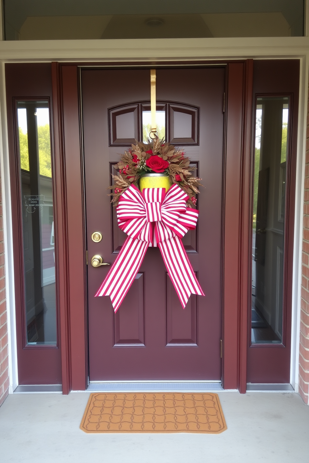 A charming front door adorned with a red and white striped bow decoration. The bow is large and elegantly tied, adding a festive touch to the entrance for Valentine's Day.