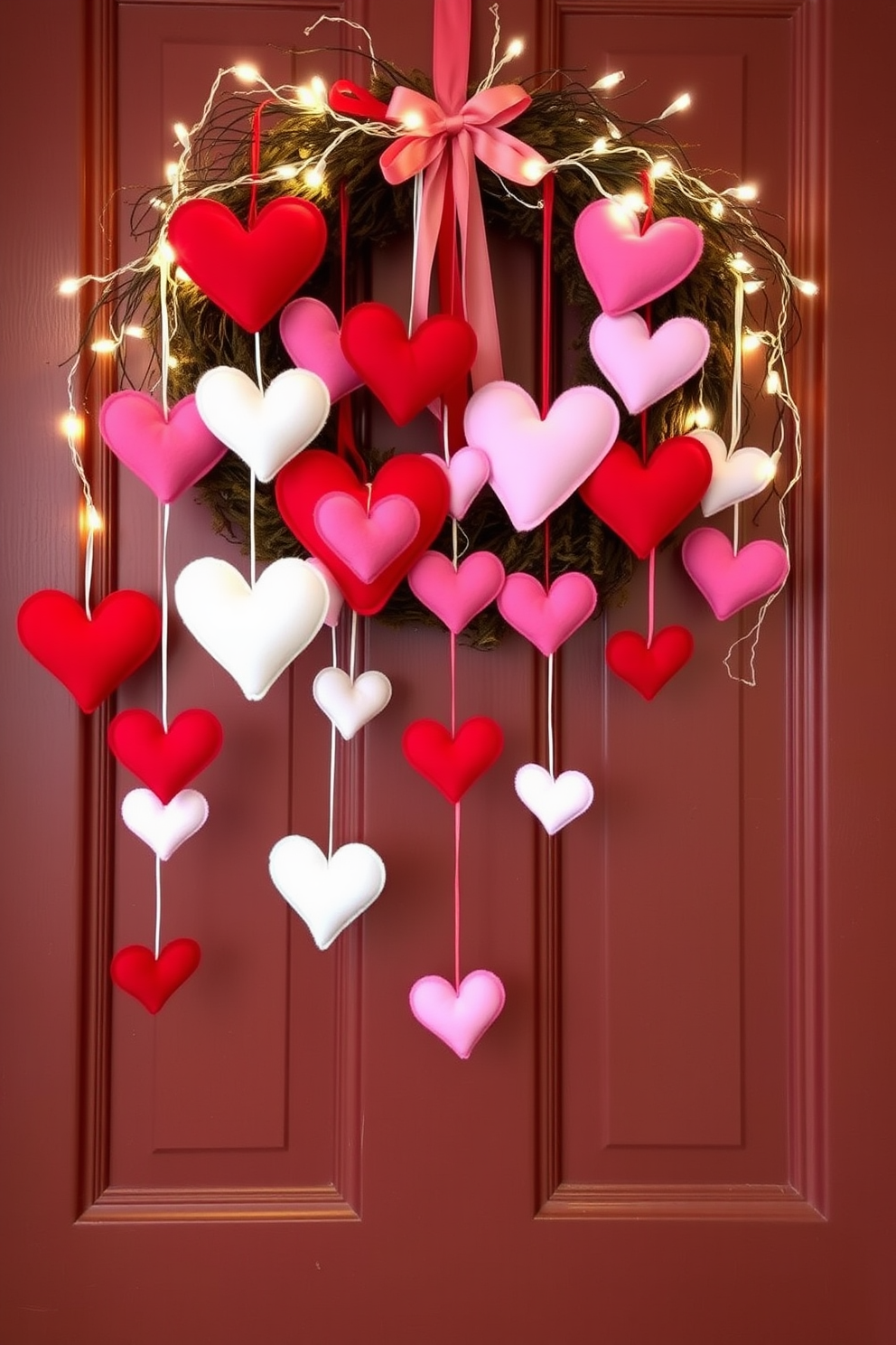 Create a charming front door display for Valentine's Day featuring hanging felt hearts in various sizes. The hearts should be in shades of red, pink, and white, cascading down from a decorative wreath adorned with twinkling fairy lights.