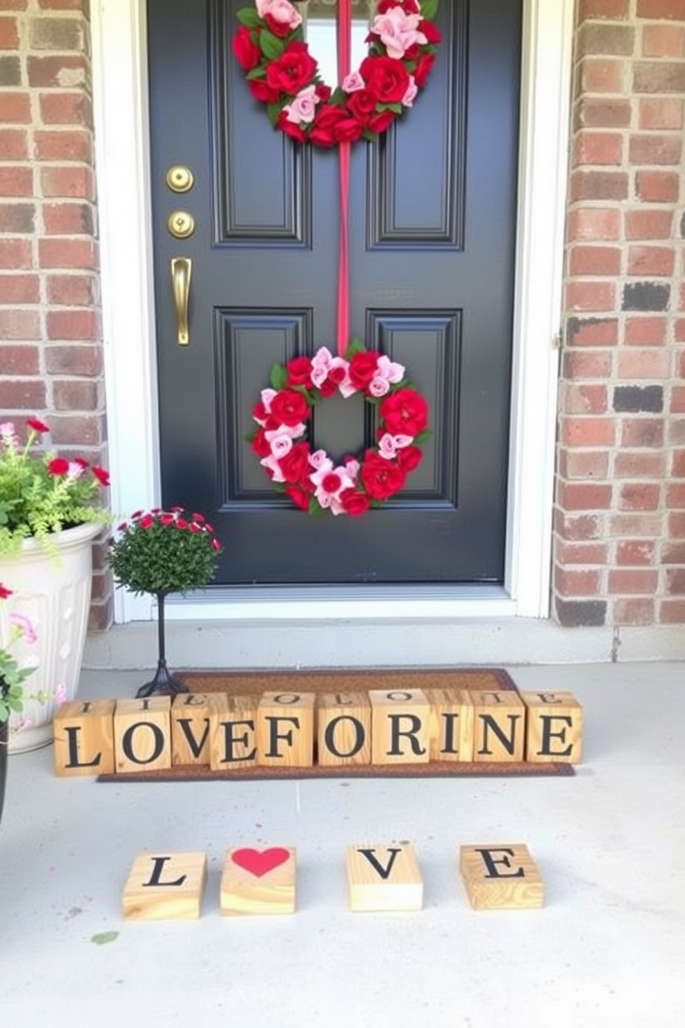 Create a charming porch setting for Valentine's Day featuring wooden love blocks arranged neatly on the floor. The front door is adorned with a festive wreath made of red and pink flowers, welcoming guests with a touch of romance.