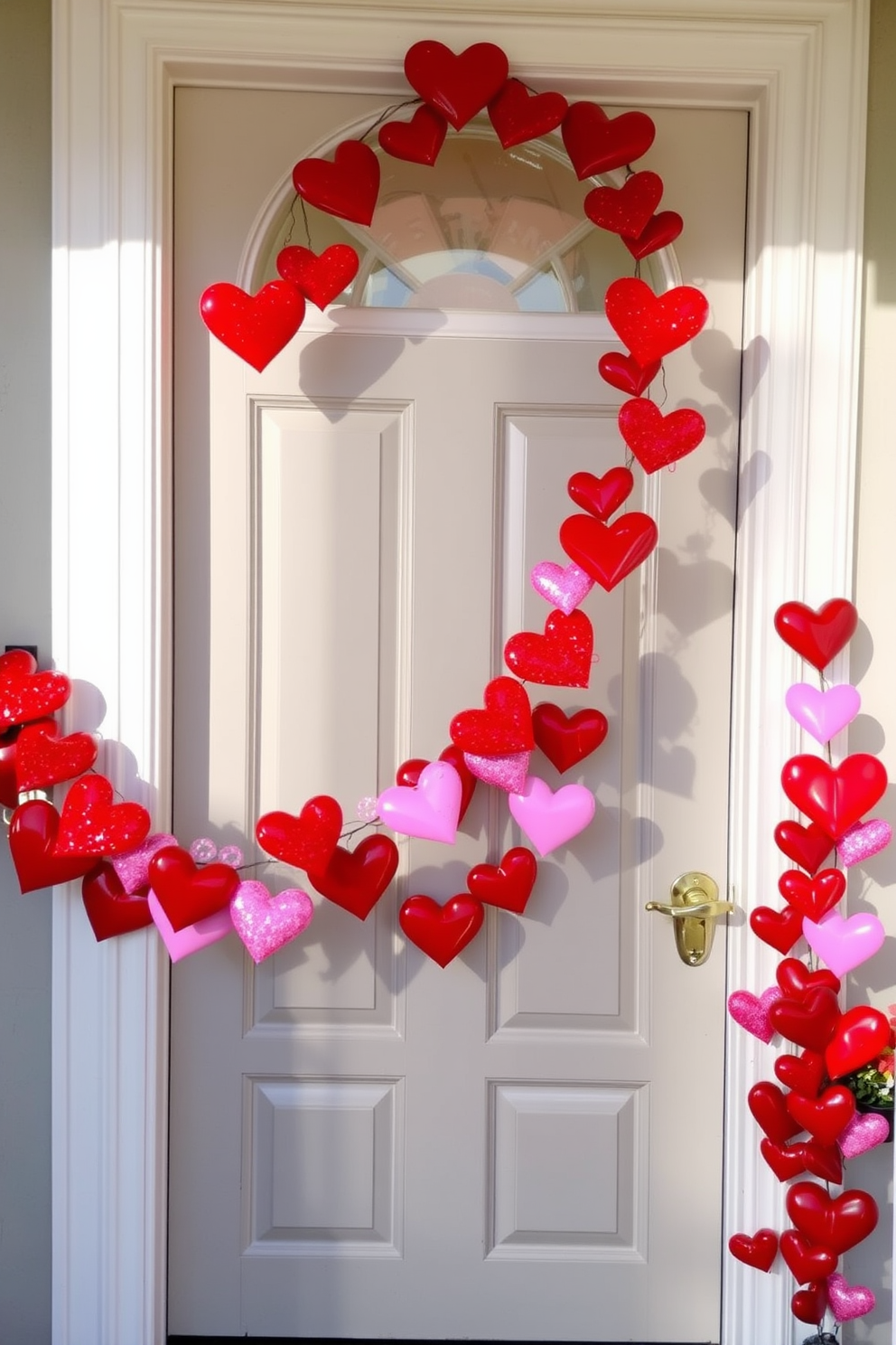 A charming front door adorned with a sparkling heart garland that cascades gracefully across the top. The vibrant red and pink hearts shimmer in the sunlight, creating a festive and inviting atmosphere for Valentine's Day.